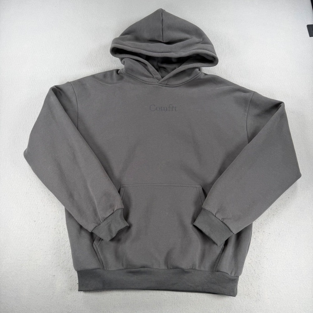 Comfrt Mens XL Fleece Pullover Hoodie Charcoal Gray Embroidered Logo Sweatshirt